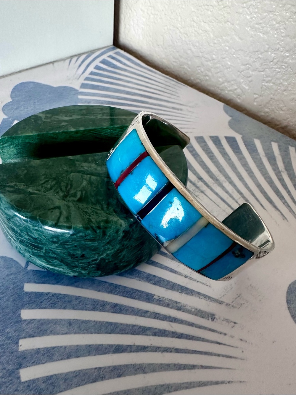 Vintage Native American Sterling Silver Turquoise Inlay Heavy Cuff Bracelet